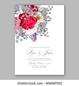 Peony wedding invitation. Red spring flowers Lilac, narcissus, eucalyptus branches