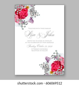 Peony wedding invitation. Red spring flowers Lilac, narcissus, eucalyptus branches