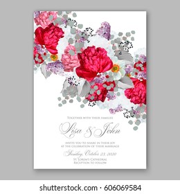 Peony wedding invitation. Red spring flowers Lilac, narcissus, eucalyptus branches