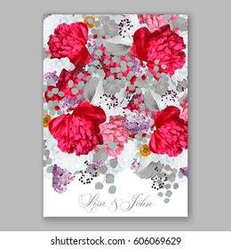 Peony wedding invitation. Red spring flowers Lilac, narcissus, eucalyptus branches