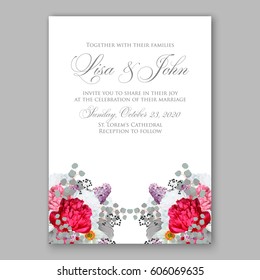 Peony wedding invitation. Red spring flowers Lilac, narcissus, eucalyptus branches