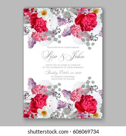 Peony wedding invitation. Red spring flowers Lilac, narcissus, eucalyptus branches