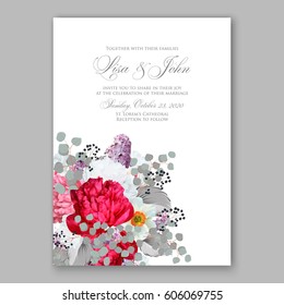 Peony wedding invitation. Red spring flowers Lilac, narcissus, eucalyptus branches