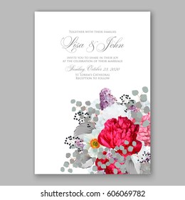 Peony wedding invitation. Red spring flowers Lilac, narcissus, eucalyptus branches