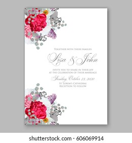 Peony wedding invitation. Red spring flowers Lilac, narcissus, eucalyptus branches