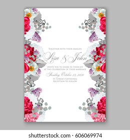 Peony wedding invitation. Red spring flowers Lilac, narcissus, eucalyptus branches