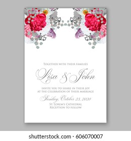Peony wedding invitation. Red spring flowers Lilac, narcissus, eucalyptus branches
