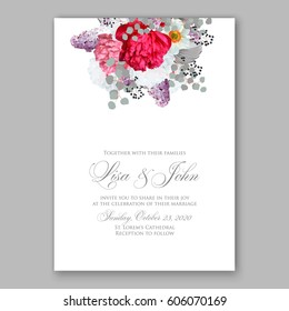 Peony wedding invitation. Red spring flowers Lilac, narcissus, eucalyptus branches