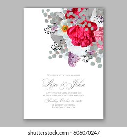Peony wedding invitation. Red spring flowers Lilac, narcissus, eucalyptus branches