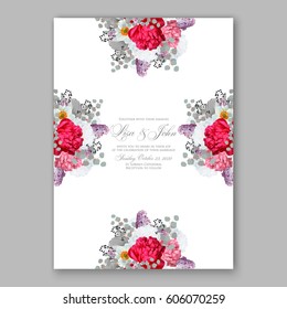 Peony wedding invitation. Red spring flowers Lilac, narcissus, eucalyptus branches