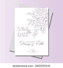 Peony Wedding Invitation template. Hand Drawn Line Art Peony Flowers. Outline Peonies Minimalist Wedding Design, Spring Summer Wedding invite template