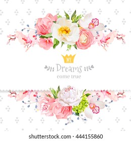Peony, wild rose, orchid, carnation, ranunculus, hydrangea, blue berries and green leaves vector design card. Speckled round confetti backdrop. All elements are isolated and editable.