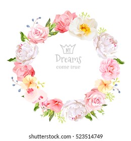 Peony, wild rose, orchid, carnation, camellia, blue berries and green leaves vector design round frame. All elements are isolated and editable