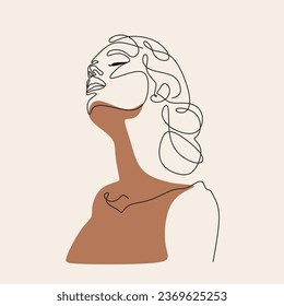 Peony woman line art portrait. Flower Head Woman Line Drawing. Surreal Minimalist Art. Beauty Salon logotype	