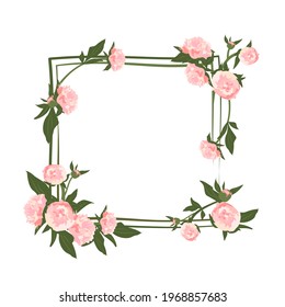 Peony wreath. Square frame, cute pink flowers and leaves. Spring pink blooming composition with buds. Holiday decorations for wedding, holiday, postcard, poster and design. Vector illustration