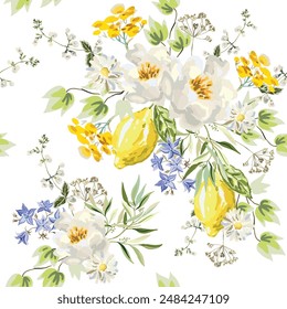 Peony, yellow flowers, lemon fruits green leaves, white background. Vector floral illustration. Seamless pattern. Summer bouquets. Botanical design