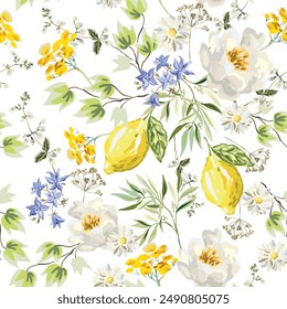 Peony, yellow flowers, lemon fruits green leaves, white background. Vector floral illustration. Seamless pattern. Summer plants. Botanical design