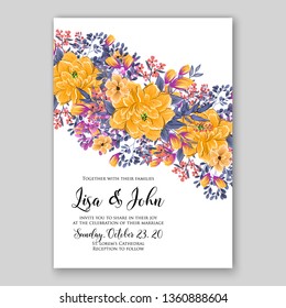 Peony yellow orange wedding invitation card template