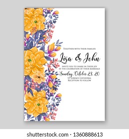 Peony yellow orange wedding invitation card template