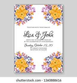 Peony yellow orange wedding invitation card template