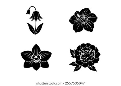 Peony,hibiscus,orchid,bluebell 4 flower bundle silhouette vector illustration 