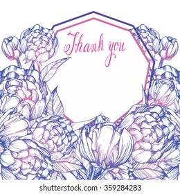 Peony,leaves, Flowers, Buds, Pattern, Pen Capillary, Handmade, Card For You, Ink,pink And Purple.