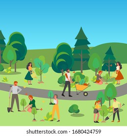 Die Leute pflanzen im Park einen Baum. Vorstellung von Pflege und Menschlichkeit, Natur und Ökologie Konzept. Freiwillige helfen den Menschen Idee.Vektorillustration Illustration im Cartoon-Stil