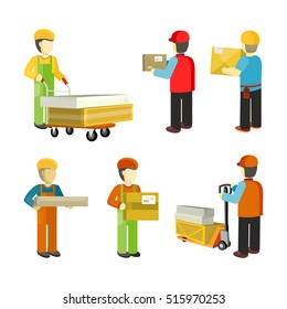 Peope in warehouse interior isoated. Delivery man, logistician, loader, carrier, shipping receiving material handler, selector, warehouse inventory support. Day or night warehouse worker. Vector