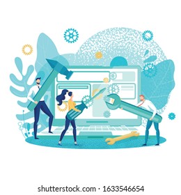 Peopel Repairing Laptop, Solving Problems Flat Cartoon Vector Illustration. Technical Support Concept. Men and Woman with Hammer, Wrench and Screwdriver Fixing Gears. Programmers with Equipment.