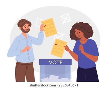 Peopel vote concept. Man and woman put pieces of paper with their choice into ballot box. Politics and democracy, freedom of choice and referendum. Cartoon flat vector illustration