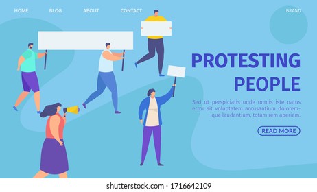 Peopl protesters landing banner, vector illustration. Public meeting demonstration group with posters on street expresses political position. Demonstrator character shouting by loudspeaker.