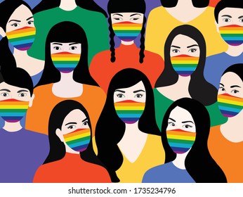 Peopl wearing rainbow face mask to protect COVID-19 disease vector illustration. LGBT transgender rainbow concept and new concept after covid-19 pandemic. LGBT pride  month