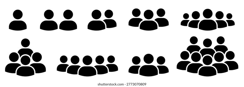 People 1, 2, 3, 4, 5, 6, 7, 8, 9, 10 icon set. Crowd signs. Containing participants, group, team, meeting, organization, community, population, audience, member, discussion, assembly, interview.