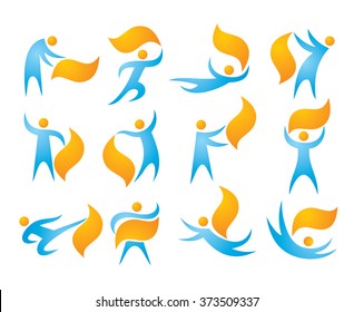 People 12 vector icons set. Human character concept illustrations. Abstract objects manipulation vector signs. Abstract figures in motion. 