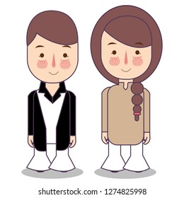 People in 1970s style clothes, cartoon style vector illustration isolated on white background. Men and women in 60s, 70s style clothing retro elvis style flat