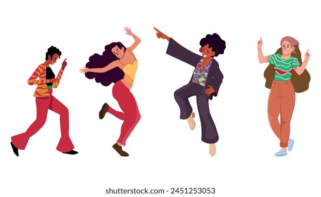 People in 1970s style clothes dancing disco, cartoon style vector illustration isolated on white background. Men and women in 60s, 70s outfits dancing at retro disco party.