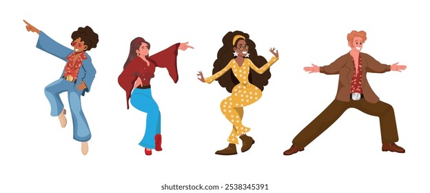 Pessoas em estilo de 1970 roupas dançando disco, ilustração de vetor estilo cartoon isolado no fundo branco. Homens e mulheres em trajes dos anos 60 e 70 dançando na festa retro disco.