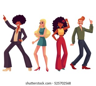 People in 1970s style clothes dancing disco, cartoon style vector illustration isolated on white background. Men and women in 60s, 70s style clothing dancing at retro disco party