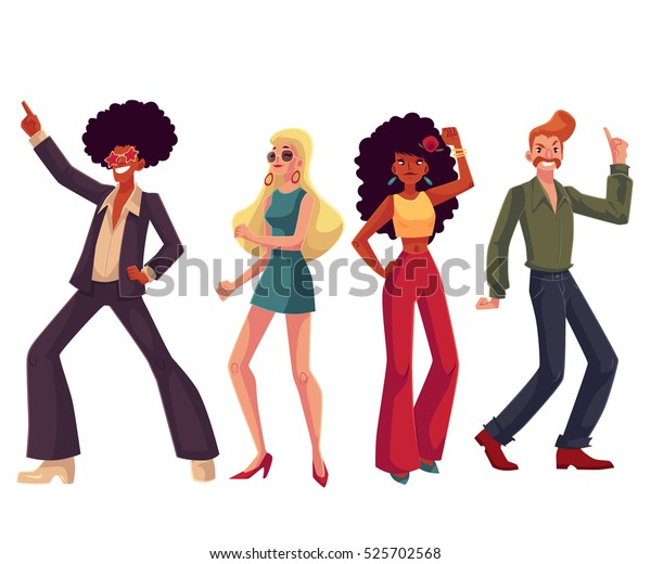 People In 1970s Style Clothes Dancing Disco Cartoon Style Vector Illustration Isolated On White 6216