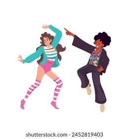 People in 1980s style clothes dancing disco, cartoon style vector illustration isolated on white background.