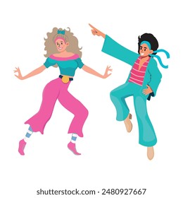 People in 1980s style clothes dancing disco, cartoon style vector illustration isolated on white background.