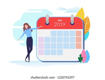 People with 2019 calendar schedule. People vector illustration. Flat cartoon character graphic design. Landing page template,banner,flyer,poster,web page