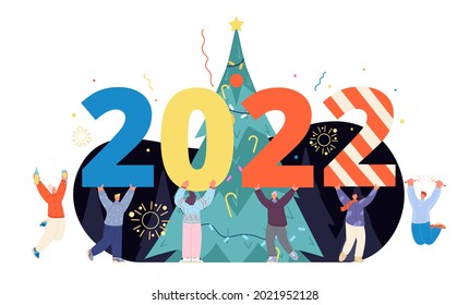 People 2022 concept. Greeting card, business team with new year numbers. Friends congrats, holiday party or event utter vector illustration