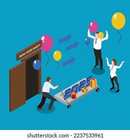 People 2023 new year party preparation isometric 3d vector illustration concept for banner, website, illustration, landing page, flyer, etc.