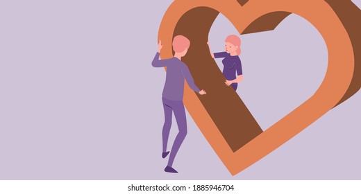 People with 3d hearts, teen story concept, happy teenage couples. Vector illustration in flat cartoon style