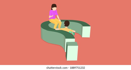people and 3d question mark, man sitting on floor and woman sitting on question mark chatting vector illustration for -giving solution-. cartoon style flat design
