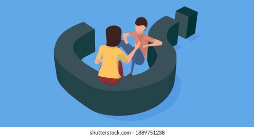 people and 3d question mark, man sitting on floor and woman sitting on question mark chatting vector illustration for -giving solution-. cartoon style flat design