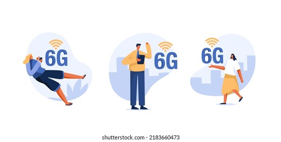 People with 6g symbol. high speed wireless connection 6G. illustration of internet signs and people's activities Concept. 