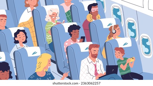 Personas a bordo del avión. Pasajeros que viajan en clase de avión económica, familia dentro de cabina de aviones, hombre portátil dormir escuchar música o ventana de observación, elegante ilustración vectorial del pasajero del avión