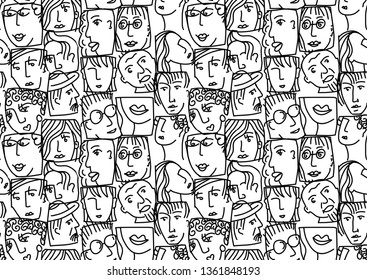 People abstract faces avatars characters black and white seamless pattern